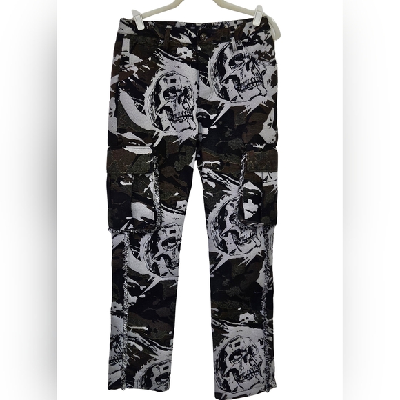 Rebel Vengeance Black Green Multi Camo Skull Print Tapestry Cargo PantsSize 28